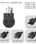 Downward Angled 4 In 1 NEMA 5-20P Power Adapter For NEMA 5-15R 5-20R 6-15R And 6-20R Receptacles with four plug types displayed