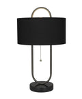 Oval Shaped Metal Table Lamp For Living Room, Black Iron Base With Marble Accents And Linen Fabric Shade, 12 By 12 By 20 Inches