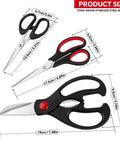 Three Boss All Purpose Kitchen Scissors with ergonomic handles and stainless steel blades; sizes and dimensions shown.
