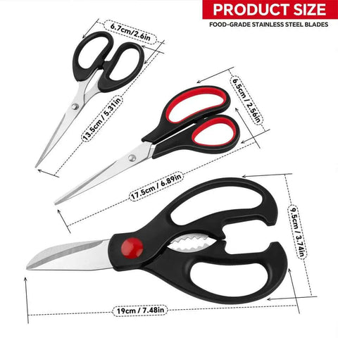 Three Boss All Purpose Kitchen Scissors with ergonomic handles and stainless steel blades; sizes and dimensions shown.