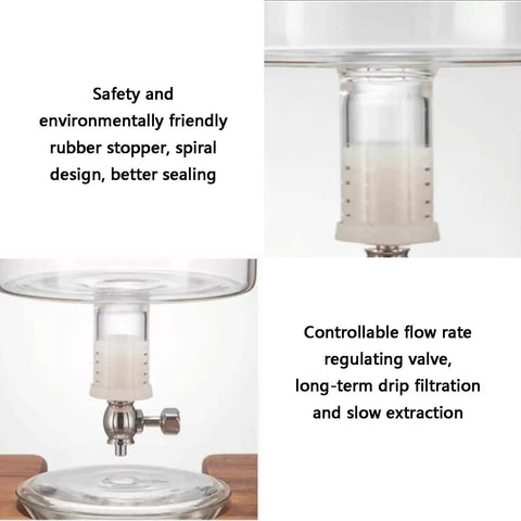 Detailed view of the Badass Cold Brew Drip Tower showing rubber stopper and flow rate valve for slow extraction.
