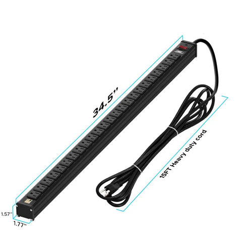 Heavy Duty 24 Outlet Power Strip With 15 Foot Long Cord, Metal Housing, Mounting Brackets, 15A Circuit Breaker, UL 1363 Listed, Flame Retardant Panels