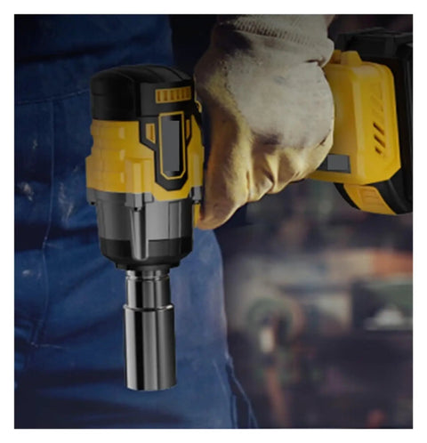 Super Powerful Cordless Impact Wrench With Brushless Motor And Heavy Duty High Torque Design Perfect For Auto Repair Woodworking And Scaffold Projects Lightweight Ergonomic Grip Allows Seamless Use Anywhere held in gloved hand with socket attachment.