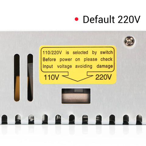 AC To DC Buck Power Supply 110V 220V Input 0 To 24V Output switch section showing default 220V selection with caution label