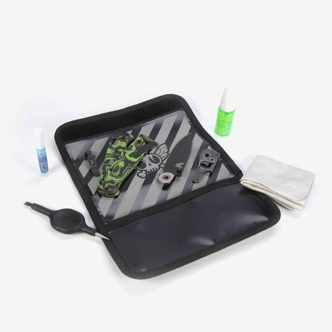 All In One Knife Care Kit For EDC Enthusiasts With Knife Lube Threadlocker PickPuck Tool PVC Pouch And Handy Work Mat Pouch For Easy Maintenance And Disassembly Plus Pro Grade Knife Care On The Go open with tools inside