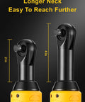 Extended Three Eighths Inch Cordless Ratchet Wrench 12V Power Tool With Two Batteries demonstrated with longer neck for reach