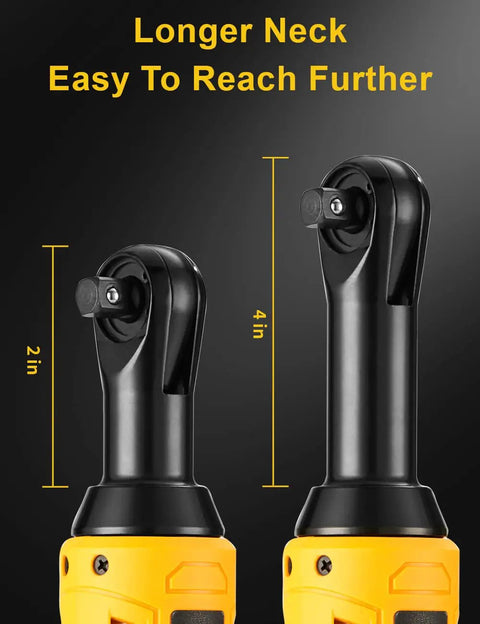 Extended Three Eighths Inch Cordless Ratchet Wrench 12V Power Tool With Two Batteries demonstrated with longer neck for reach