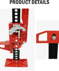Close-up of 60 Inch Ratcheting Off Road Utility Jack With 7000 Lb Capacity, gear mechanism and base, red steel construction.
