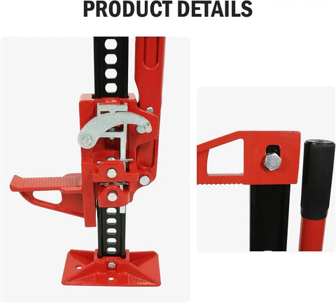 Close-up of 60 Inch Ratcheting Off Road Utility Jack With 7000 Lb Capacity, gear mechanism and base, red steel construction.