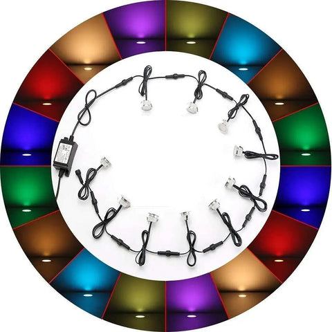 Lit LED Deck Lights Kit 10 Pack RGBW Recessed Low Voltage In Ground Lighting with Smartphone Control, cables and color display