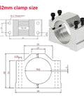 Heavy Duty CNC Spindle Clamp Made From Machined Aluminum Fits 45 52 55 Or 65Mm Round Motor Housing With Split Design to show dimension details.