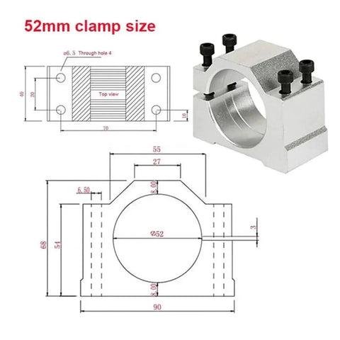 Heavy Duty CNC Spindle Clamp Made From Machined Aluminum Fits 45 52 55 Or 65Mm Round Motor Housing With Split Design to show dimension details.