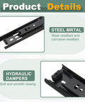 Close-up of Beefy Heavy Duty 15 Inch By 1.5 Inch Steel Drawer Slides with ball bearing side mount, hydraulic dampers, black steel construction.