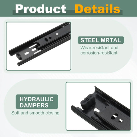 Heavy Duty Steel 13 Inch Drawer Slides Full Extension Ball Bearing Side Mount Cabinet Rails With Screws For Furniture Dead Smooth Glide And Easy Setup Black Two Pack, showing wear-resistant steel and hydraulic dampers for smooth operation.