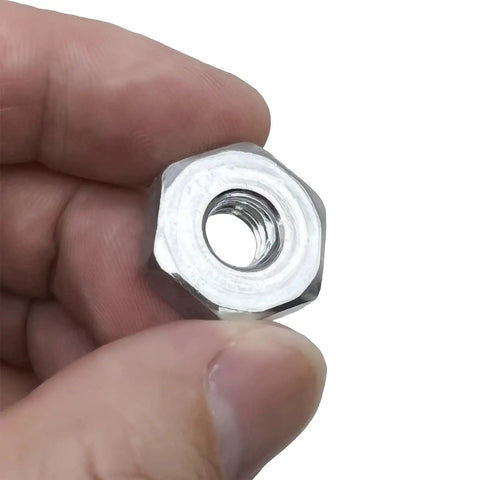 Close-up of a hexagonal nut from the 5 Piece Chainsaw Bar Nut Replacement Kit Sprocket Cover Nut Fits MS170 MS170C with 1/4 inch inside diameter.