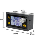 Knockout Durability DC Buck Converter With Crisp Digital Meter, showing large display and controls, dimensions 79x43x27mm.