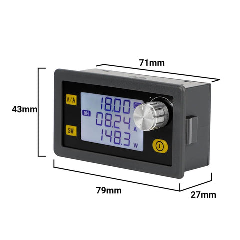 Knockout Durability DC Buck Converter With Crisp Digital Meter, showing large display and controls, dimensions 79x43x27mm.
