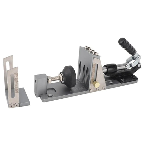 Top Tier Aluminum Alloy Pocket Hole Jig Kit With Precision Step Drill And Adjustable Depth Stop For Flawless Wood Joinery and No Fuss Weekend Diy Craftsman Work, detailed view of setup.