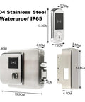 Heavy-Duty Waterproof Fingerprint Door Lock With IC Card Reader For Outdoor Gate And Entrance IP65 Rated Electronic Biometric Entry System dimensions and stainless steel design.