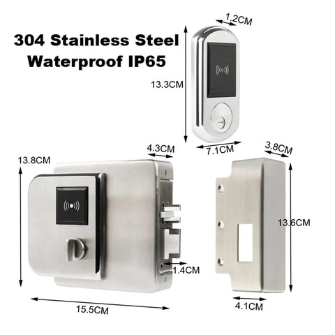 Heavy-Duty Waterproof Fingerprint Door Lock With IC Card Reader For Outdoor Gate And Entrance IP65 Rated Electronic Biometric Entry System dimensions and stainless steel design.