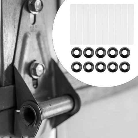 Close-up of Garage Door Hinge Quiet Roller Sleeves And Shaft Gaskets Kit For Smooth Tracks 80mm Length Replacement Hardware.