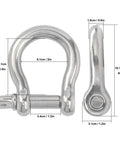 Five Eighth Inch D Ring Anchor Shackles Set Of Five, 304 Stainless Steel Screw Pin Shackles For Towing, Industrial Outdoor Vehicle Recovery, Rust Resistant, 16 mm Breaking Load 41,876 Lbs, showing dimensions in millimeters and inches.