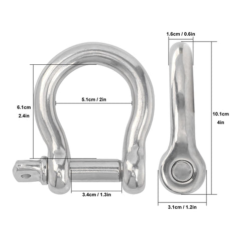 Five Eighth Inch D Ring Anchor Shackles Set Of Five, 304 Stainless Steel Screw Pin Shackles For Towing, Industrial Outdoor Vehicle Recovery, Rust Resistant, 16 mm Breaking Load 41,876 Lbs, showing dimensions in millimeters and inches.