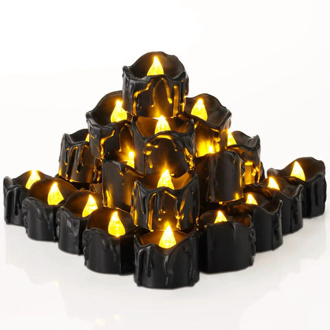 Dripping Black Flameless Tea Lights 24 Pack With Warm White Flickering LED Candles for Halloween Decor Safe Battery Operated