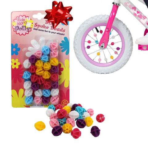 Colorful Spoke Beads For Kids Bikes 30 Pcs Spokies Snap On Beads on display with bike wheel showing beads attached.