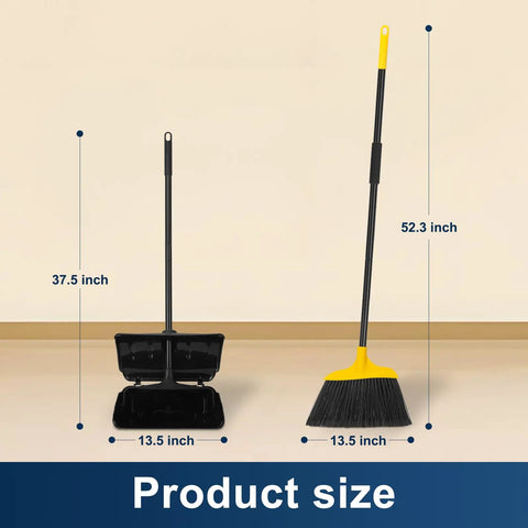 Indoor Outdoor Heavy Duty Broom And Dustpan Set With Upright Plastic Dust Pan And Two Brooms, 13.5 Inch Wide Dustpan With Lid