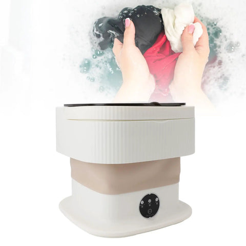 Ultra Compact Foldable Portable Washing Machine with Two In One Wash And Dry Combo Function with hands holding wet clothes.