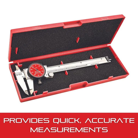 Pro Grade Stainless Steel Dial Caliper 0-6 Inch With Lock Screws in red case, red face, precision measuring tool