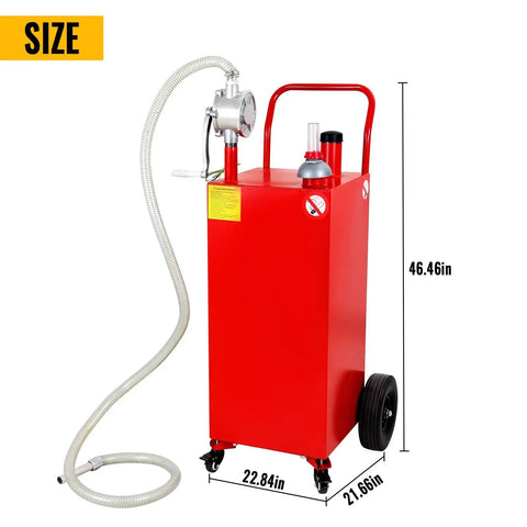 Red 30 Gallon Gas Caddy With Pump On Four Wheels, Ready To Roll Portable Fuel Tank for Boat, ATV, Car, Motorcycle, UTV, with Siphon Pump