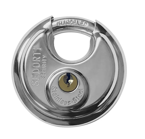 Five Pack Disc Padlocks Keyed Alike, Two And Three Quarters Inch Wide Stainless Steel 304 Round Locks With Brass Keys