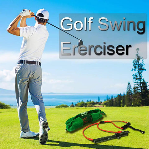 Golf Swing Training Resistance Band Set for Home Practice with a golfer swinging club on a scenic course