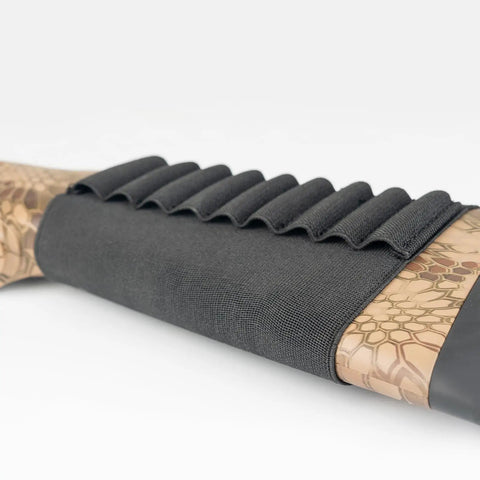 Elastic Rifle Shell Buttstock Holder For 9 Rounds with camo print and black polyester elastic webbing