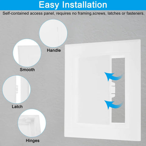 Solid Core 4x4 Inch Removable Hinged Access Panel, 2 Pack ABS Plastic Drywall Hole Cover showing handle and latch features.
