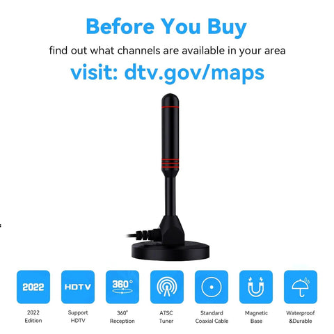 Indoor TV Antenna With Amplifier For Crazy Long Range Reception HD Digital Antenna for Smart TVs with magnetic base and coaxial cable.