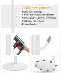 White Metal Storage Stand For Cordless Vacuum Cleaners With Six Hooks, close-up of hooks, base, and anti-scratch pads