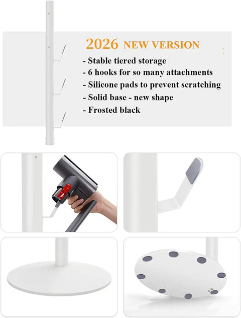 White Metal Storage Stand For Cordless Vacuum Cleaners With Six Hooks, close-up of hooks, base, and anti-scratch pads