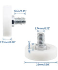 Pack Of Twelve 1 Inch Drawer Slide Roller Wheels Slick Gliding Pom Nylon Construction With Stainless Steel Threads, detailed dimensions shown.