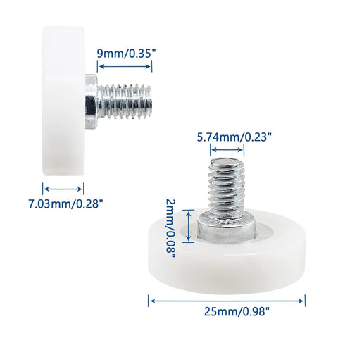 Pack Of Twelve 1 Inch Drawer Slide Roller Wheels Slick Gliding Pom Nylon Construction With Stainless Steel Threads, detailed dimensions shown.