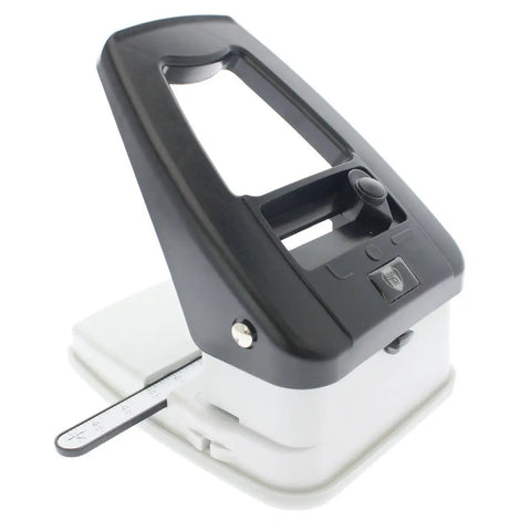 Three In One ID Card Hole Punch Tool for Name Badges with round hole slot hole and corner punches plus adjustable centering guide.