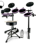 Electronic Drum Set For Beginners With Quiet Mesh Pads And Bluetooth, 20 Piece Kit in purple with stool and headphones