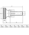 Diagram of M4x10mm Flat Knurled Head Fully Threaded Thumb Screws Pack Of 15, 18mm Length, 0.7mm Pitch, 12mm Knurled Head Diameter