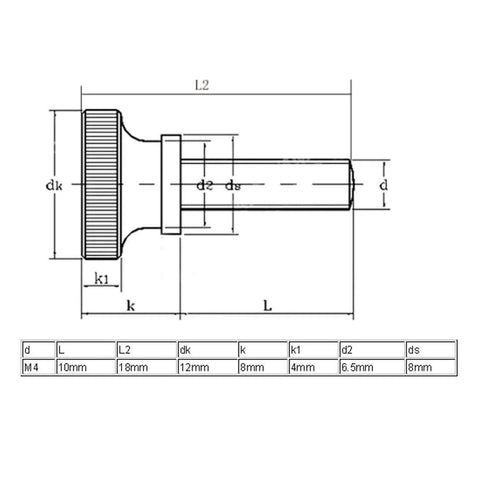 Diagram of M4x10mm Flat Knurled Head Fully Threaded Thumb Screws Pack Of 15, 18mm Length, 0.7mm Pitch, 12mm Knurled Head Diameter