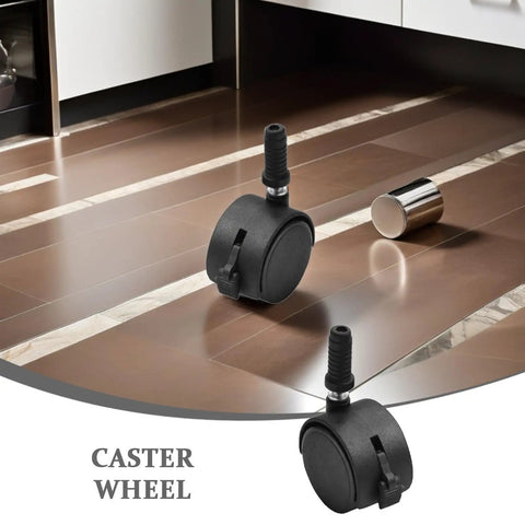 Swivel Caster Wheels 4pcs Inch with Brake for Furniture and Chairs on wooden floor, showcasing black design and sturdy build.