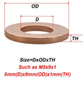 Solid Annealed Pure Copper Flat Washers Kit Vibrant Orange M5 To M20 With 1Mm And 2Mm Thickness, M5x9x1 size chart