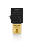 Front view of Brass Electric Solenoid Valve 2 Way Direct Acting Normally Closed 12V DC Three Eighths Inch NPT Fluid Control.