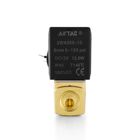 Front view of Brass Electric Solenoid Valve 2 Way Direct Acting Normally Closed 12V DC Three Eighths Inch NPT Fluid Control.